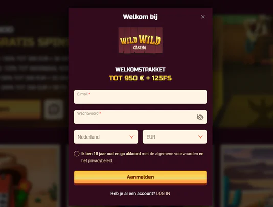 Wild Wild Casino registratieformulier met welkomstbonus tot €950 en 125 gratis spins, invoervelden voor e-mail en wachtwoord en keuze van land en valuta